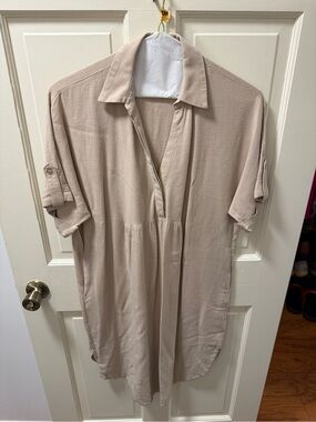 Wonderly Beige Longline Short-Sleeve Button-Down Shirt